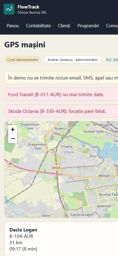 Harta FlowTrack pe telefon, cu mașinile firmei.