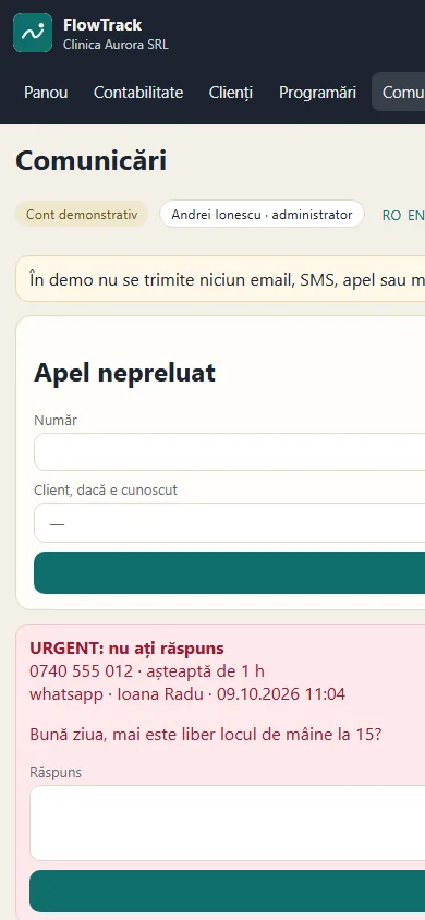 Mesajele FlowTrack pe telefon, cu un apel rămas fără răspuns.